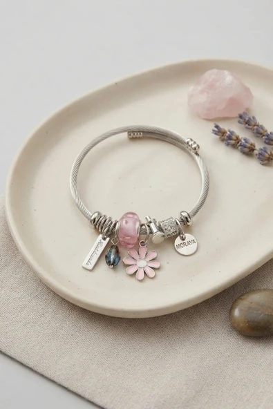 Pembe Papatya Charmlı Gümüş Renk Bileklik - EBJ260725W44564 ürün görseli 1