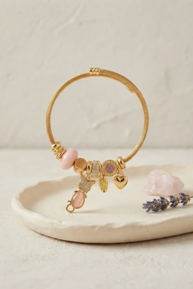 Pembe Kedi Model Gold Renk Charmlı Bileklik - EBJ260725W44429 ürün görseli 1