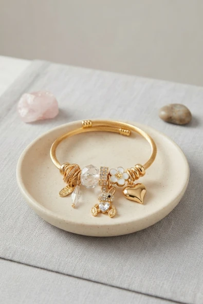 Tavşan Model Gold Renk Beyaz Charmlı Bileklik - EBJ260725W44460 ürün görseli 1