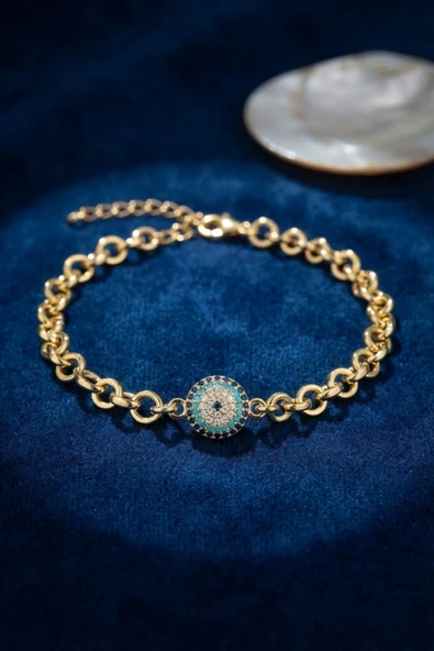 Gold Renk Zirkon Taşlı Nazar Model Pirinç Kadın Bileklik - EBJ260725W44371 ürün görseli 1
