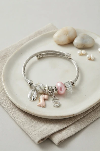Pembe Dinazor Model Charmlı Gümüş Renk Bileklik - EBJ260725W44582 ürün görseli 1
