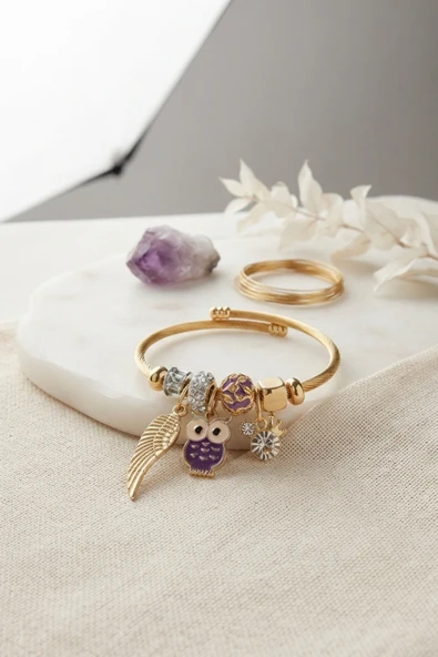 Mor Baykuş Model Gold Renk Charmlı Bileklik - EBJ260725W44472 ürün görseli 1