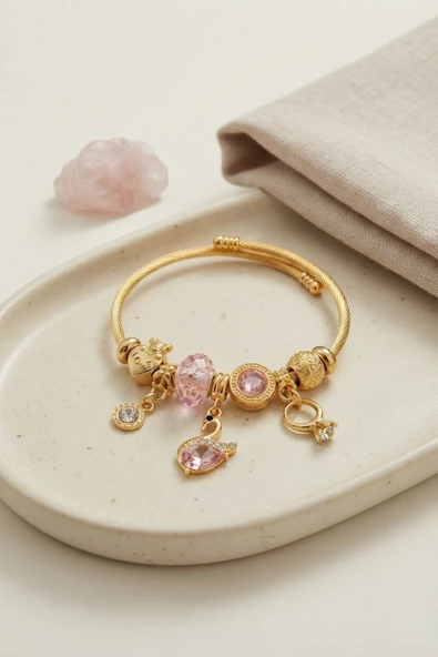 Pembe Swan Model Gold Renk Charmlı Bileklik - EBJ260725W44445 ürün görseli 1