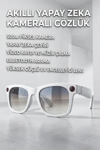 Beyaz Yapay Zeka Akıllı Gözlük Kamera Mikrofon Bluetooth Premium Çerçeve ürün görseli 1
