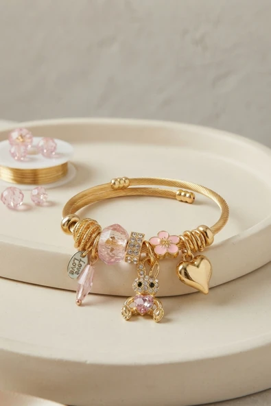 Tavşan Model Gold Renk Pembe Charmlı Bileklik - EBJ260725W44461 ürün görseli 1