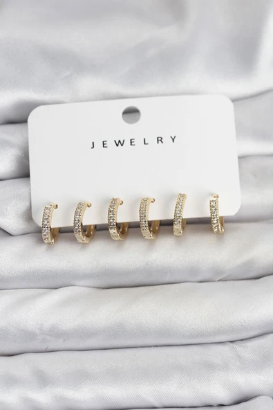 Gold Renk Pirinç Zirkon Taşlı Halka Kadın Küpe Seti - EBJ260725W44471 ürün görseli 1