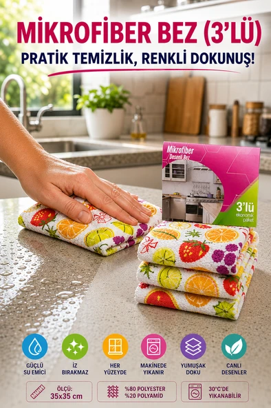 Renkli 3'lü Mikrofiber Temizlik Bezi 35x35 cm Çok Amaçlı Mutfak Cam Banyo Silme ve Kurulama Bezi ürün görseli 1