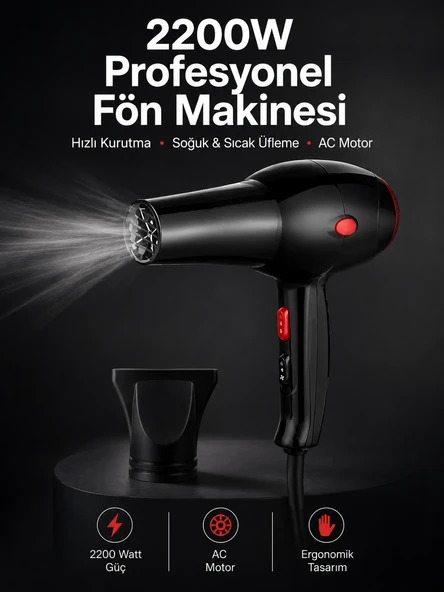 Tüm Saç Tiplerine Uygun, İki Kademeli Hız Ayarlı Fön Makinesi ürün görseli 1