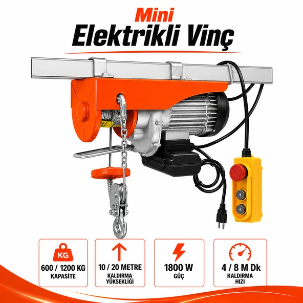 Rico RC6041 PA1200 Elektrikli Vinç Caraskal 600/1200Kg 20 Metre Halatlı Kumandalı Yük Kaldırma 1800W ürün görseli 1