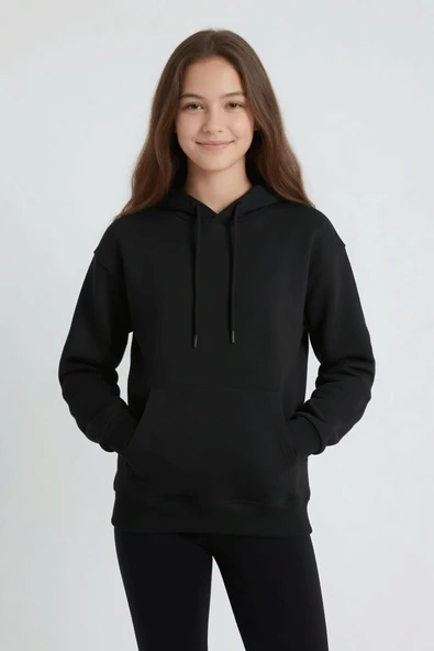 Siyah Kız Çocuk Kanguru Cepli Şardonlu Kapüşonlu Sweatshirt 24687 ürün görseli 1