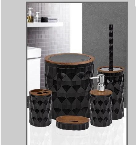 Kosova Banyo Seti 5'Li Kare Ahşap Desenli Siyah Plastik OKY-1308 DMD-11 ürün görseli 1