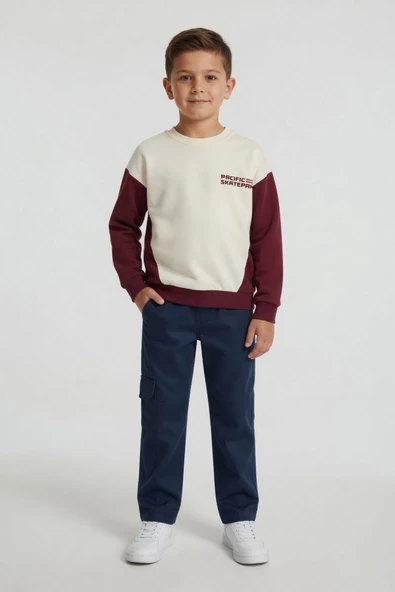 Lacivert Kahve Erkek Çocuk Keten Pantolonlu Sweatshirt 2li Takım 24515 ürün görseli 1