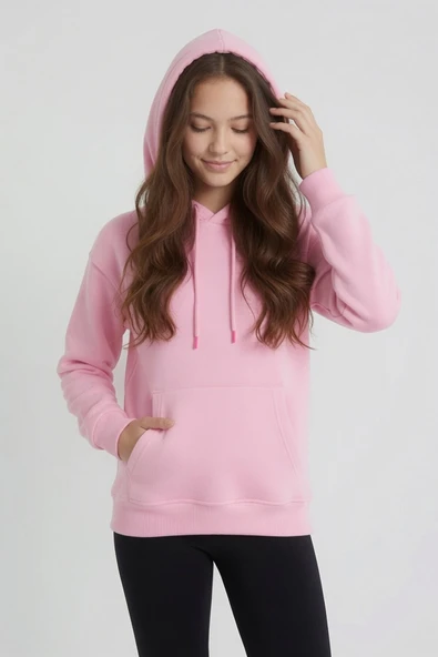 Pembe Kız Çocuk Kanguru Cepli Şardonlu Kapüşonlu Sweatshirt 24688 ürün görseli 1
