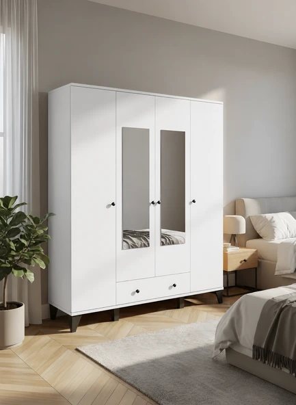 Vento Modern 4 Kapaklı Aynalı Fonksiyonel Yatak Odası & Genç Odası Elbise Dolabı - Beyaz ürün görseli 1