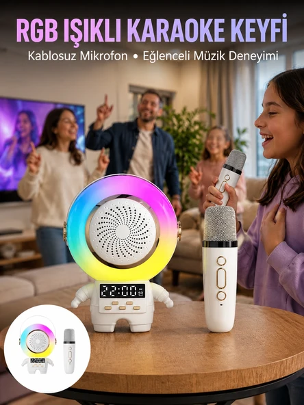 Mey İthalat® Karaoke Özellikli Astronot Bluetooth Hoparlör Kablosuz Mikrofonlu ürün görseli 1