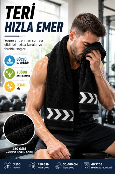 Siyah 30x100 cm %100 Pamuk 450 GSM Spor Havlusu Fitness Gym Boks Tenis Golf Yüz Havlusu Yıkanabilir ürün görseli 1