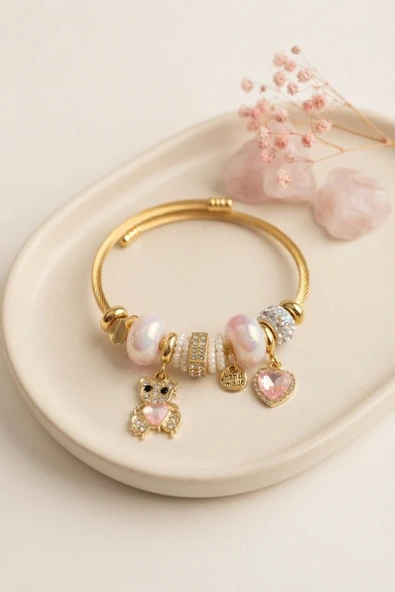 Mey İthalat® Tedy Bear Model Gold Renk Pembe Charmlı Bileklik ürün görseli 1