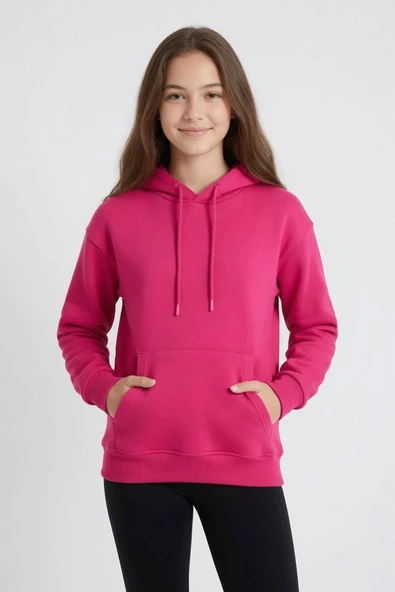 Fuşya Kız Çocuk Kanguru Cepli Şardonlu Kapüşonlu Sweatshirt 24691 ürün görseli 1