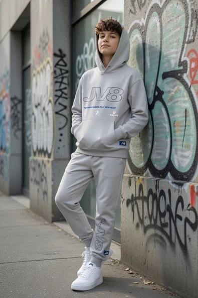 Gri Erkek Çocuk Kapüşonlu Jogger Eşofmanlı 2 İplik Eşofman Takımı 24612 ürün görseli 1