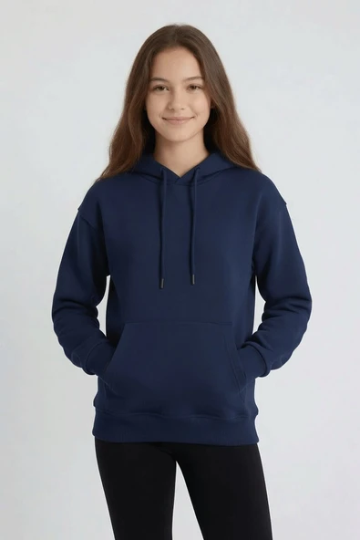 Lacivert Kız Çocuk Kanguru Cepli Şardonlu Kapüşonlu Sweatshirt 24689 ürün görseli 1