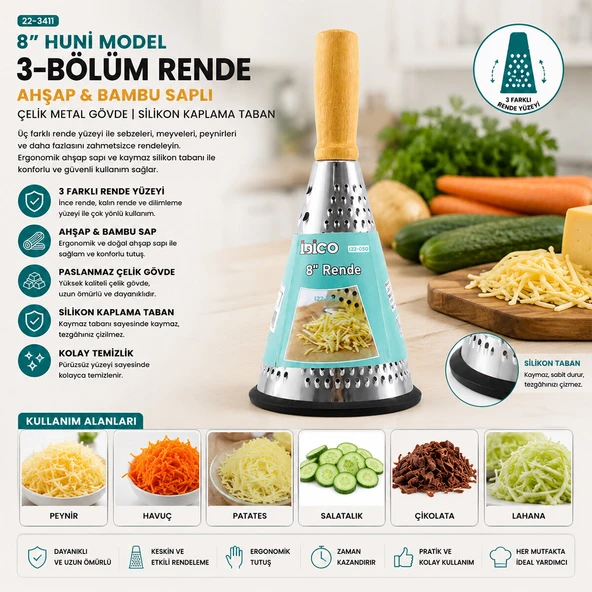 8 İNÇ - HUNİ MODEL   AHŞAP - BAMBU SAPLI  METAL RENDE  SİLİKON TABANLI (5224) ürün görseli 1
