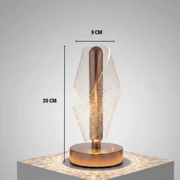 Çapraz Kavisli Ters Kristal Simli LED Masa Lambası – Gold Gövdeli, Dokunmatik, 3 Kademe Işık Ayarlı Şarjlı Dekoratif Lamba (5224) ürün görseli 1