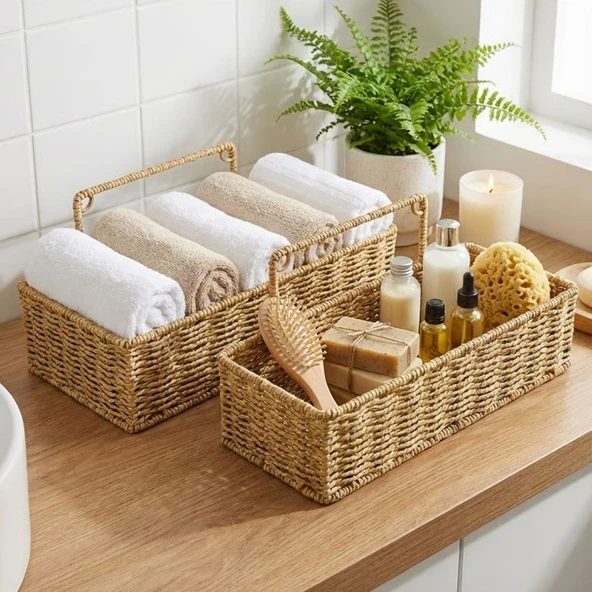 2’li Duvar Askılı Plastik Rattan Organizer – Dikdörtgen Hasır Görünümlü Mutfak Raf Sepeti, Banyo ve Ev İçi Düzenleme Ünitesi (5224) ürün görseli 1
