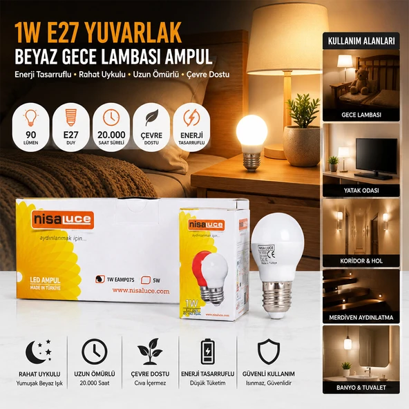 10 ADET 1W E27 BEYAZ YUVARLAK GECE LAMBASI LED AMPUL (5224) ürün görseli 1