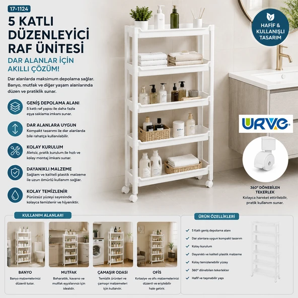 RAFTY 5 KATLI TEKERLEKLİ SEPET ORGANİZER DÜZENLEYİCİ RAF ÜNİTESİ 465X145X850MM (5224) ürün görseli 1