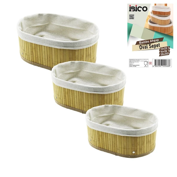 3 BOY  OVAL  BAMBU KENAR ORGANİZER SEPET AHŞAP ALTLIK - BEZLİ  13X22-16X26-20X30CM (5224) ürün görseli 1