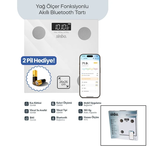 BEYAZ YAĞ ÖLÇER AKILLI BLUETOOTH CAM BASKÜL PİLLİ 180KG/50GR 26X26CM 8-KİŞİ HAFIZA LCD EKRAN ℃ GÖSTERGE SBS-4472 (5224) ürün görseli 1
