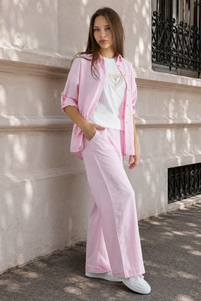 Pembe Çizgi Desen Gömlekli Geniş Paça Pantolonlu Badili Kız Çocuk 3lü Takım 24078 ürün görseli 1