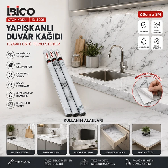2MT X 60CM BEYAZ MERMER DESENLİ TEZGAH ÜSTÜ FOLYO STİCKER - DUVAR KAĞIT KENDİNDEN YAPIŞKANLI - EKO DEKORASYON - DAYANIKLI (5224) ürün görseli 1