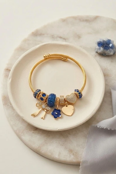 Mey İthalat® Fiyonk Charmlı Mavi Renk Gold Bileklik ürün görseli 1