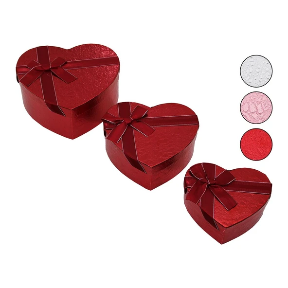 3PCS   KALP  PARLAK RENKLİ - KABARTMA DESEN KARTON HEDİYE KUTUSU KURDELALI  15-18-21CM (5224) ürün görseli 1