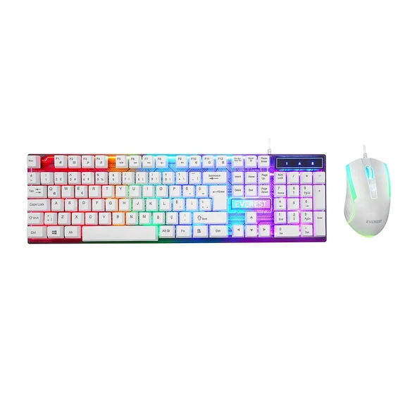 BEYAZ GÖKKUŞAĞI IŞIKLI USB KABLOLU OYUNCU KLAVYE - MOUSE SET (5224) ürün görseli 1