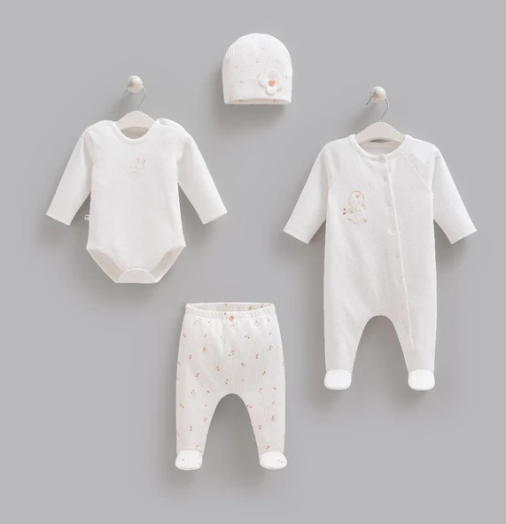 Caramell %100 Pamuk 4lü Tulumlu Rose Bonny Set 0-3 Ay 50-56 cm Ekru CRML.ZK2525.EKR ürün görseli 1