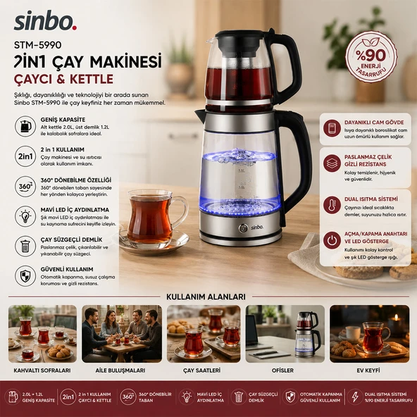 2İN1= ÇAYCI - KETTLE ÇELİK ELEKTRİKLİ ÇAY MAKİNESİ 2LT + 1,2LT ÇAY SÜZGEÇLİ 360° DÖNEBİLİR STM-5990 (5224) ürün görseli 1