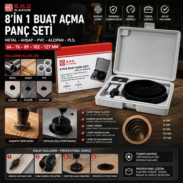 8İN1 BUAT AÇMA PANÇ SETİ METAL - AHŞAP - PVC - ALÇIPAN - PLS. 64-73-89-102-127MM KTX-3243 (5224) ürün görseli 1