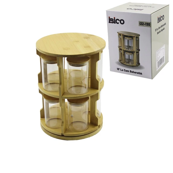 10 PCS YUVARLAK - DÖNER STANDLI CAM - BAMBU KAPAK TUZLUK - BAHARATLIK BAMBU STAND (5224) ürün görseli 1