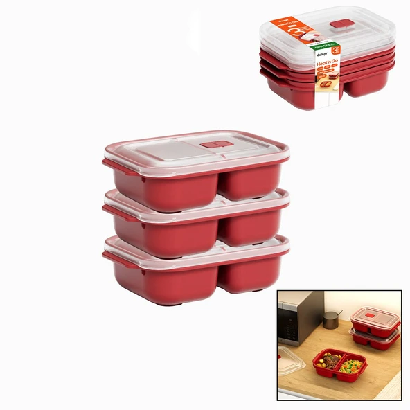 3 PCS KIRMIZI BÖLME DİKDÖRTGEN SAKLAMA KABI SETİ 1200ML (5224) ürün görseli 1