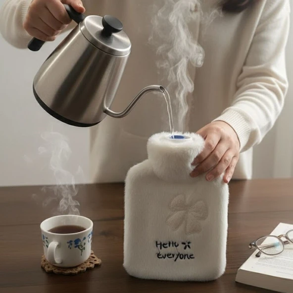 Hello Everyone Yazılı Kurdeleli Beyaz Peluş Sıcak Su Torbası 1 Lt – Yumuşak Kılıf, Uzun Süre Sıcak Tutan Termal Su Torbası (5224) ürün görseli 1
