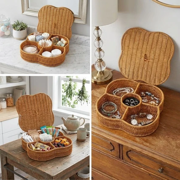 Kapaklı 5 Bölmeli Plastik Rattan Organizer Kutu – Hasır Desenli Çok Amaçlı Saklama ve Sunum Sepeti Çerezlik (5224) ürün görseli 1