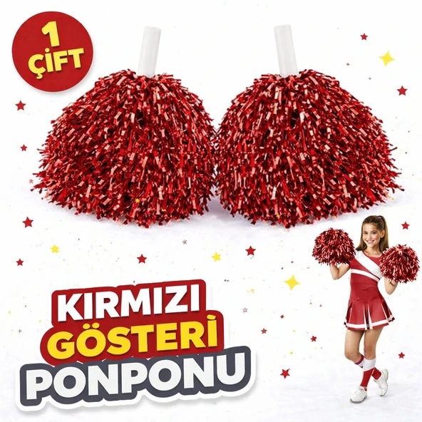 1 Çift ( 2 Adet ) Kırmızı Renk 23 Nisan 19 Mayıs 29 Ekim Okul Gösteri Ponponları Ekstra Dolgun (5224) ürün görseli 1