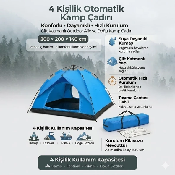 4 Kişilik Otomatik Kamp Çadırı – Çift Katmanlı, Suya Dayanıklı, Hızlı Kurulum Outdoor Aile ve Doğa Çadırı 200x200x140 cm (5224) ürün görseli 1