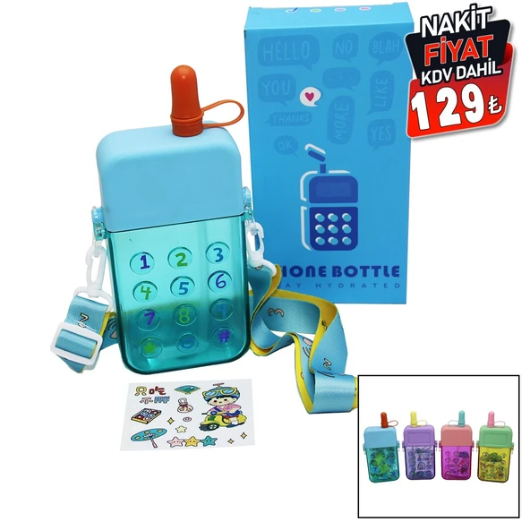 TELEFON MODELİ RENKLİ MİKA KRİSTAL SULUK MATARA PİPETLİ - VİDALI KAPAK - ASKILI 300ML (5224) ürün görseli 1