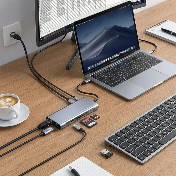 8in1 Type-C Çoklayıcı Hub HDMI 4K USB 3.0 SD TF Kart RJ45 Ethernet Dönüştürücü Adaptör (5224) ürün görseli 1