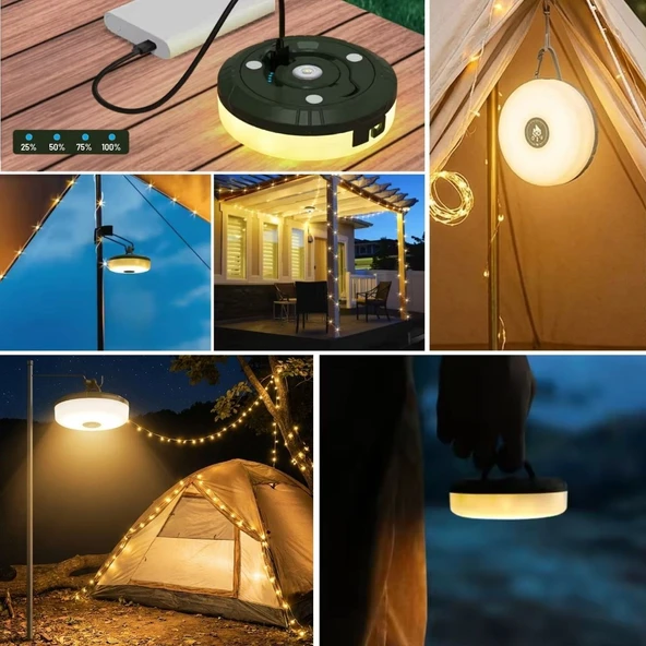 2’si 1 Arada 5 Farklı Işık Modlu Gün Işığı Şarjlı Kamp Lambası ve Makaralı 10 Metre Peri LED Işık – Su Geçirmez Mıknatıslı Aydınlatma Feneri (5224) ürün görseli 1