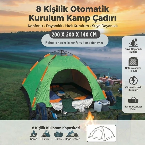 8 Kişilik Otomatik Kurulum Kamp Çadırı – Outdoor , Suya Dayanıklı Hızlı Kurulum Piknik ve Doğa İçin Geniş Aile Çadırı 250x250x165 cm (5224) ürün görseli 1