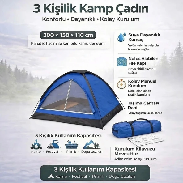 3 Kişilik Manuel Kamp Çadırı – Düz Kapılı Outdoor Aile, Doğa, Piknik ve Kamp Çadırı 200x150x110 cm (5224) ürün görseli 1
